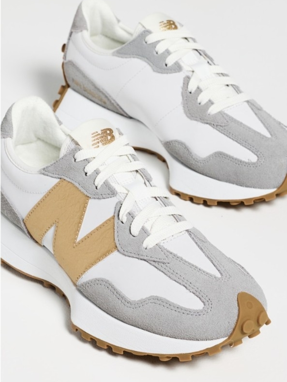 New Balance Women's 327 Sneaker in White, Gray & Gold Accent - Picture 2 of 2